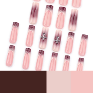 French 3D long coffin press-on nails with purple gradient and metal cross charms