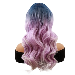 Long wavy synthetic wig with ombre gradient from dark blue to purple and light pink