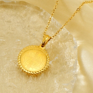 18K gold plated stainless steel necklace with round St. Benedict religious medal pendant