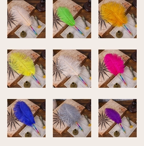 Detailed grid showing vintage gradient feather pens in nine different elegant colors