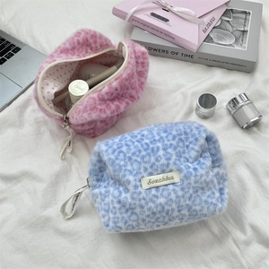 Soft plush leopard print cosmetic bag large capacity for makeup and skincare storage