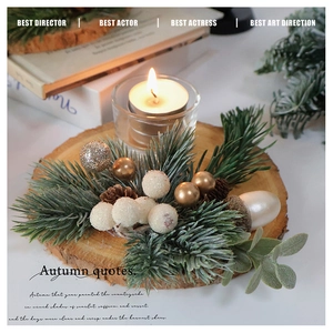 Christmas candle holder with pine cones, berries and wooden base for festive home decor