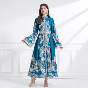 Vestido Largo Elegante Mujer Azul Pavo Real Estampado Cachemir Retro Cuello Alto Cinturón Manga Larga Acampanada Encaje