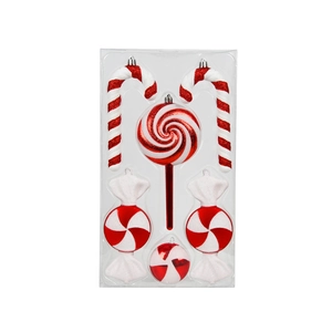 6-piece red and white glitter candy cane and lollipop Christmas ornament set in packaging