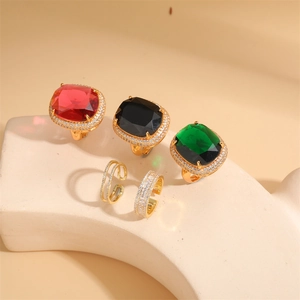 Luxurious 14K Gold Plated Copper Adjustable Zirconia Rings For Women Geometric Emerald Red Black Cocktail Finger Ring