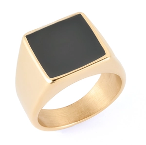 Detailed side view of a men's gold stainless steel signet ring with a black square inlay