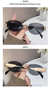 Detailansicht der ovalen Metall-Sonnenbrille in Gold mit grau-schwarzen Gläsern