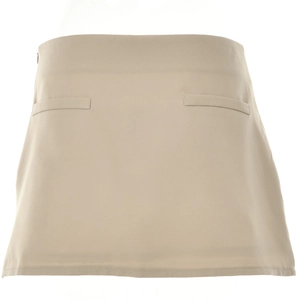 Detail of beige A-line mini skirt featuring side zipper and decorative pockets