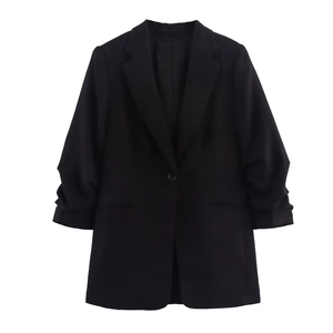 Women's black tailored blazer with notched lapels and ruched long sleeves for office wear