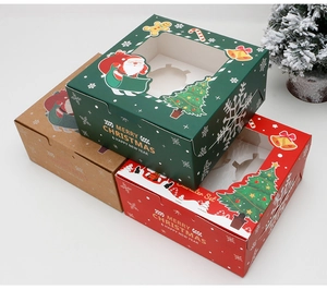 Three Christmas cupcake boxes with window featuring Santa and reindeer designs
