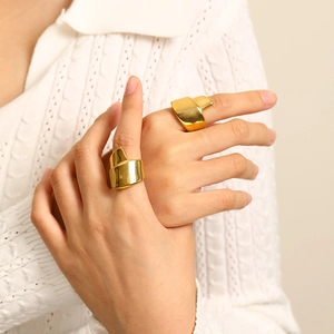 Minimalist wide irregular 18k gold plated stainless steel rings for women on hand