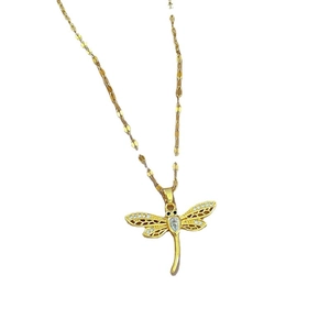 Titanium steel dragonfly necklace with hollow wings and inlaid gems in gold finish