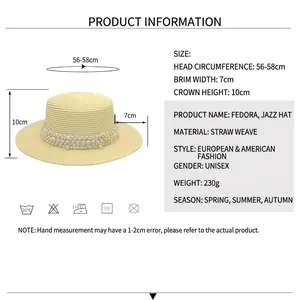 Chapeau de soleil plat en paille pour femme avec perles, idéal pour plage et voyage