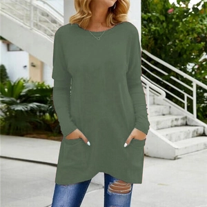 Women's army green long sleeve batwing casual top with side pockets in outdoor view