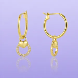 Heart Hoop Earrings Gold Plated Copper Dangle Jewelry With Sparkling Zircon Circle For Women Elegant Style Lightweight Luxury
