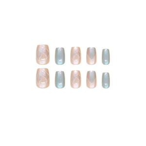 Cat eye mermaid press-on nails with pink flame pattern and blue gradient shimmer