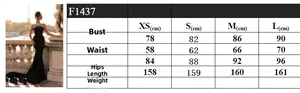 Size chart for black backless rhinestone evening gown with detailed body measurements