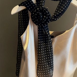 Vintage black polka dot chiffon scarf necklace with a 3D floral accent for women