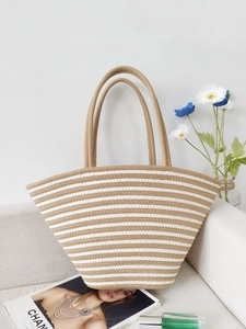 Woven Tote Bag Striped Cotton Rope Large Capacity Contrast Color Vacation Beach Handmade Vintage For Women