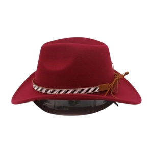 Detailed view of wine red wool cowboy hat with textured brim and striped ribbon band