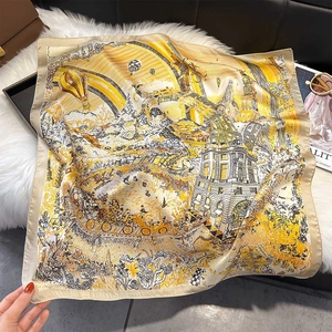 Elegant silk-like square scarf featuring vintage balloon and architecture prints