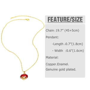Detail showing red enamel heart pendant with gold drip effect and specific dimension data