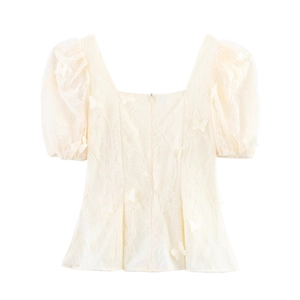 Elegant cream square neck lace top with 3D butterfly appliqués and puff sleeves