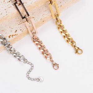 Minimalist stainless steel chain bracelets in gold, silver, and rose gold finishes