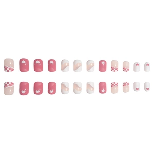 Pink heart and checkerboard press-on nails set with glossy finish short style