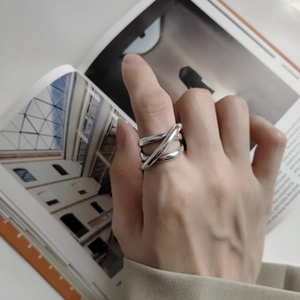 Polished silver layered geometric stainless steel open ring for men on hand