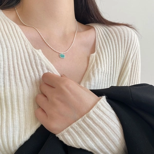 S925 sterling silver necklace with mint green square amazonite pendant on model