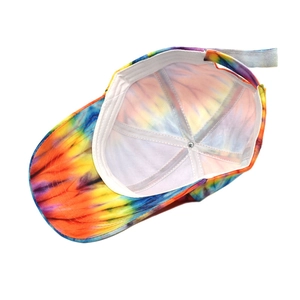 Inside view of 3D tie-dye baseball cap featuring colorful graffiti and adjustable strap