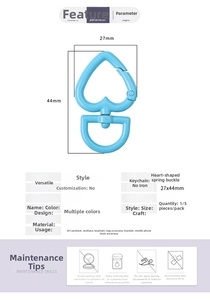 Macro view of light blue heart-shaped spring clasp with 27x44mm dimension markings