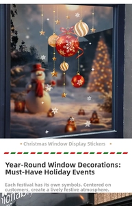Détail des stickers boules de Noël rouges et dorées avec flocons pour décoration de vitrine