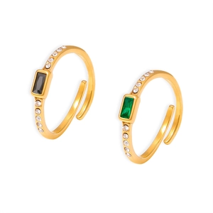 Adjustable 18k gold plated ring with square green and black glass stones and side zirconias