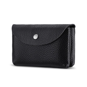 Genuine black leather coin purse with lychee texture and silver snap button closure
