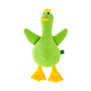Durable green corduroy plush duck dog toy with yellow crown for pet dental health