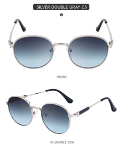 Detailed front and side view of silver round frame sunglasses with grey gradient lenses
