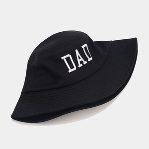 Minimalist black cotton bucket hat with white DAD embroidery and reinforced brim stitching