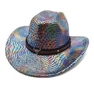 Iridescent Snakeskin Cowboy Hat With Faux Leather Band And Bull Skull Wide Brim Fedora For Travel Festival