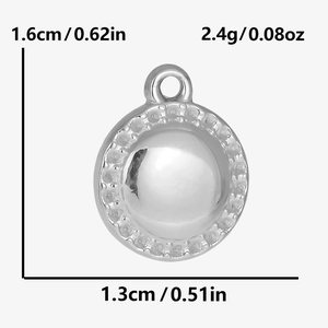 Detailed size view of silver stainless steel round pendant with 1.3cm x 1.6cm dimensions