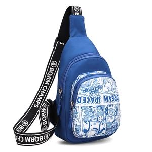 Blue kids chest bag with space bear graffiti and adjustable striped shoulder strap