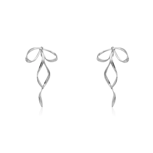 Elegant silver metal bow long ribbon earrings with polished finish on white background