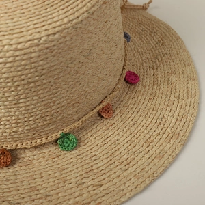 Boho raffia straw hat with colorful crochet circles for women's summer beach vacation