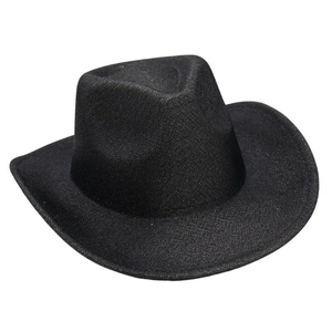 Detailed view of black felt western cowboy hat with wide brim and classic crown indentation