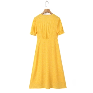 French style yellow polka dot midi dress with short sleeves and waist cinching