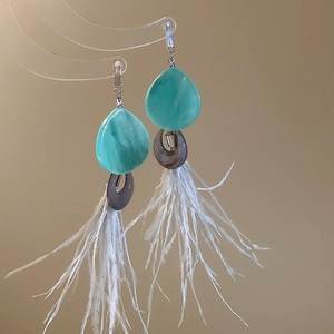 Détail de boucles d'oreilles bohèmes avec pierres en résine turquoise et plumes blanches