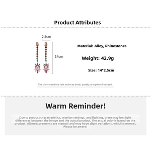 Detail showing dimensions of silver needle drop earrings with colorful rhinestones