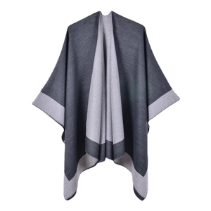 Women's two-tone knitted shawl cape with split front design in dark and light grey