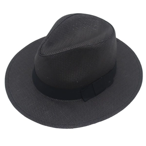 Classic black woven Panama fedora hat with matching ribbon, breathable summer style